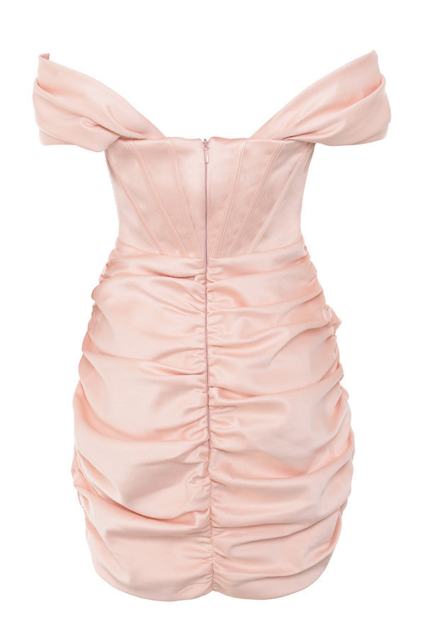 EVVA OFF SHOULDER SATIN MINI DRESS