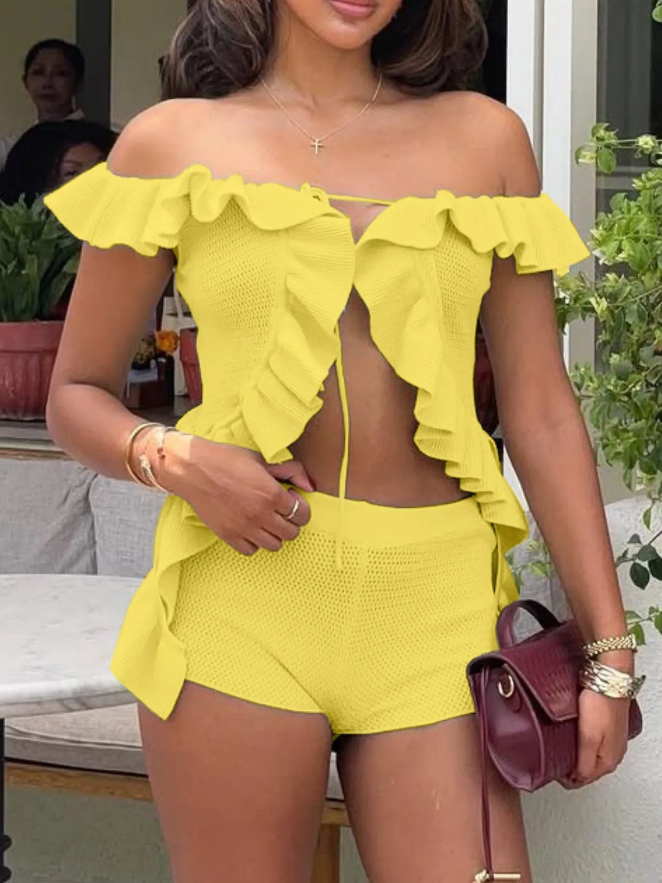 Off-Shoulder Ruffle Top and Shorts Sweater Set