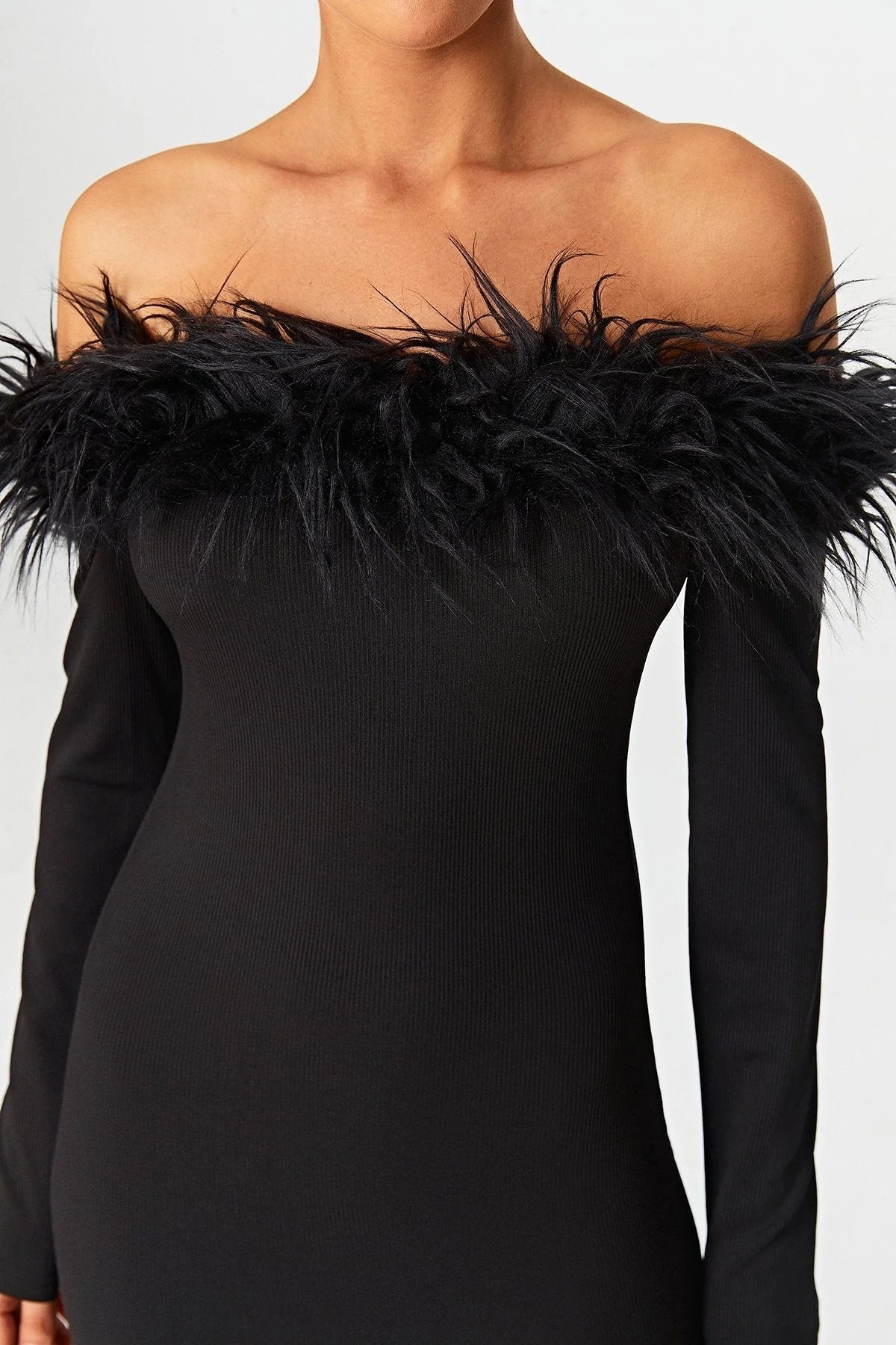 Chic Off-Shoulder Black Feather Midi Dress