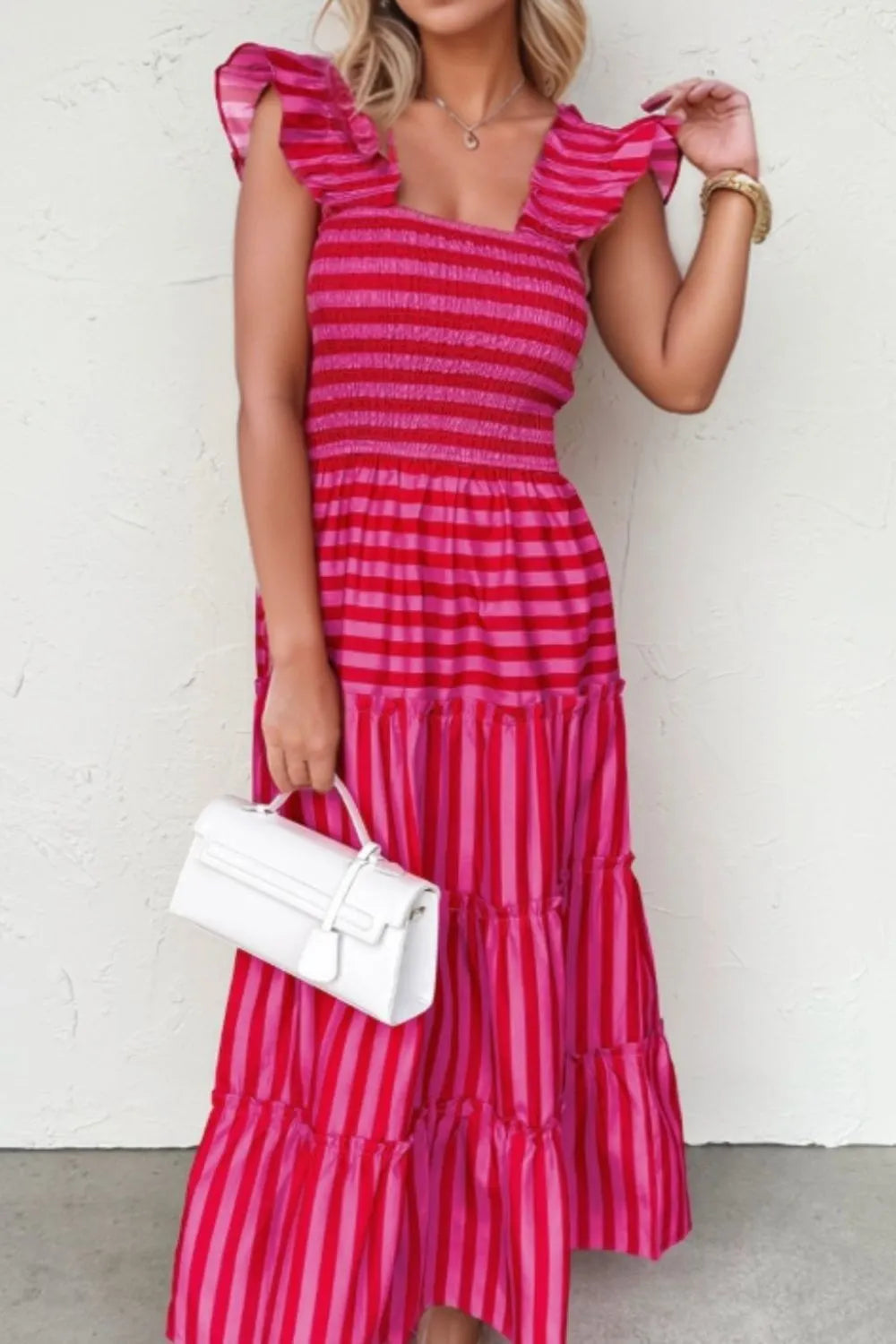 Stripe Flutter Sleeve Smocked Bodice Tiered Maxi Dress