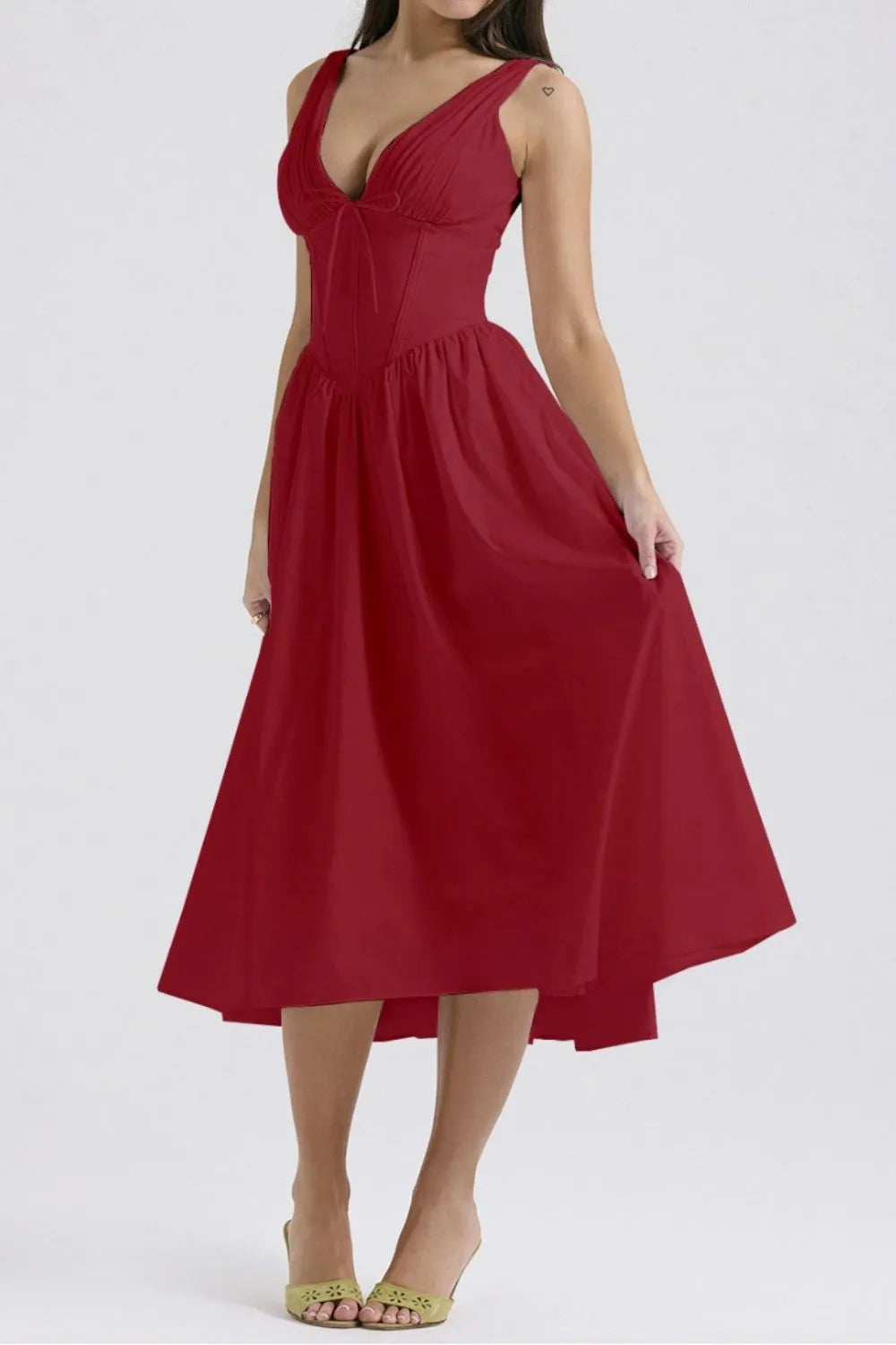 Ruched V-Neck Sleeveless Dress with Pockets