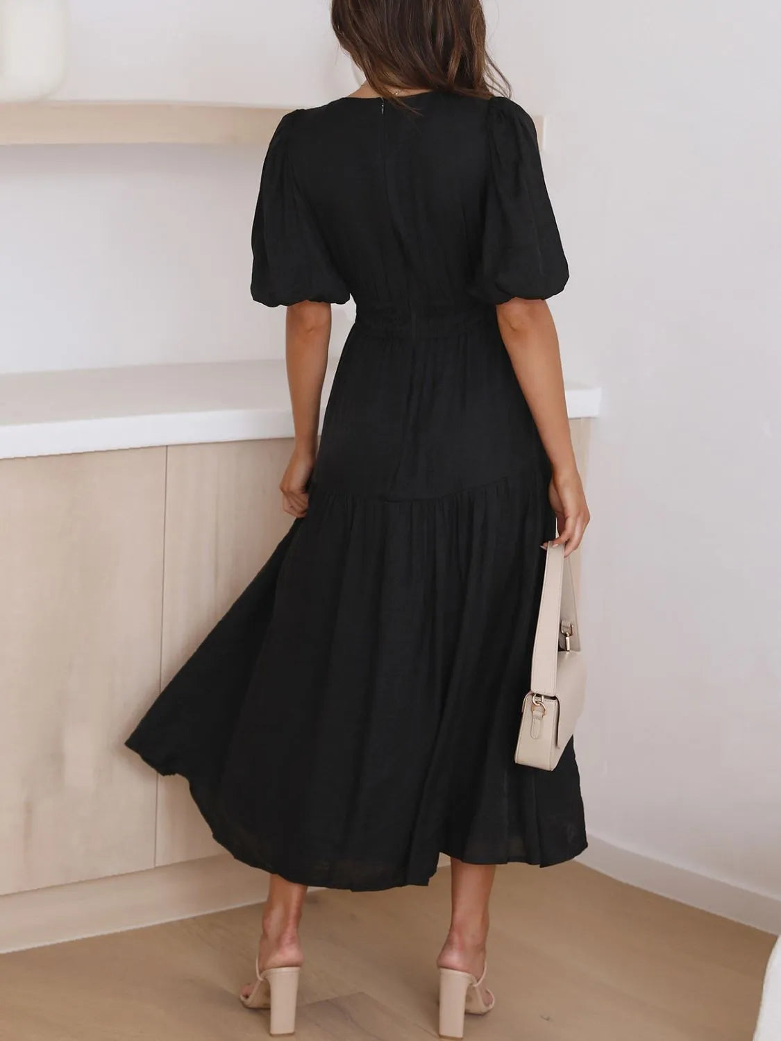 V-Neck Puff Sleeve Midi Dress