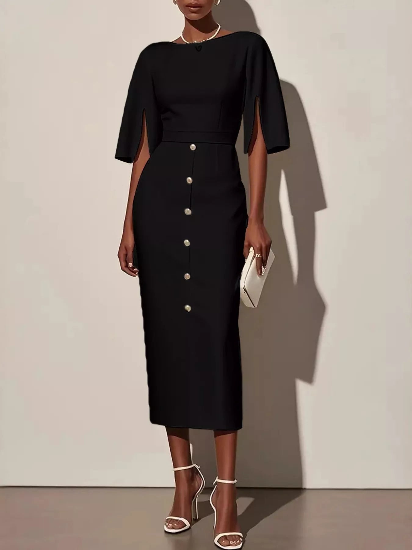 Slit Sleeve Midi Dress with Decorative Button
