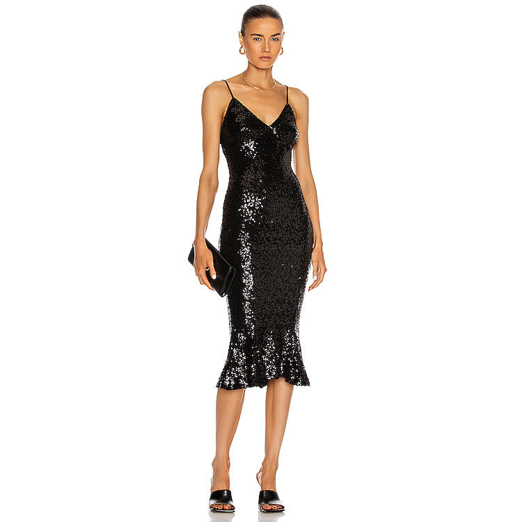 Merina Halter Sequined Fishtail Dress-Black