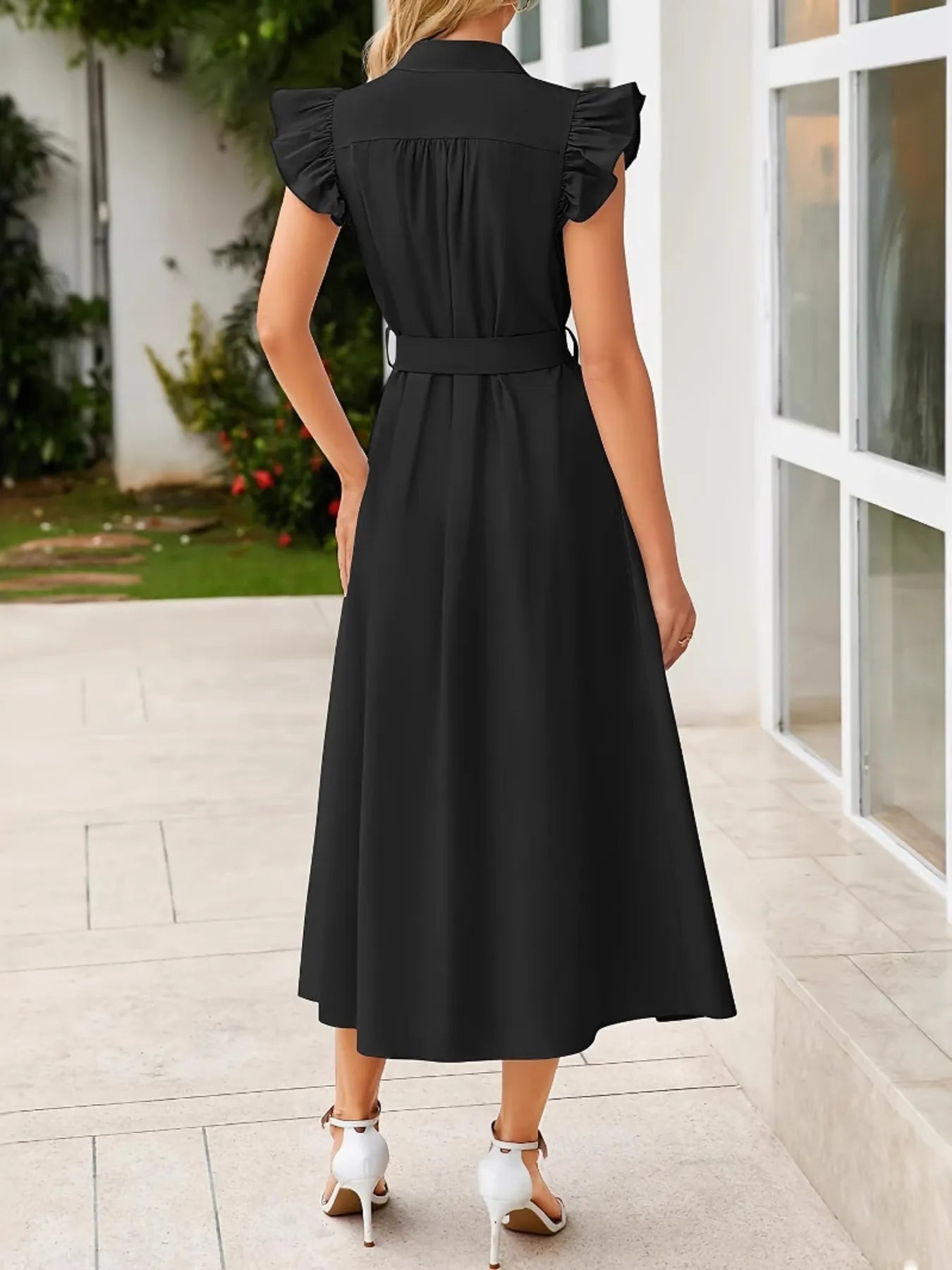 Ruffled Button-Front Midi Dress