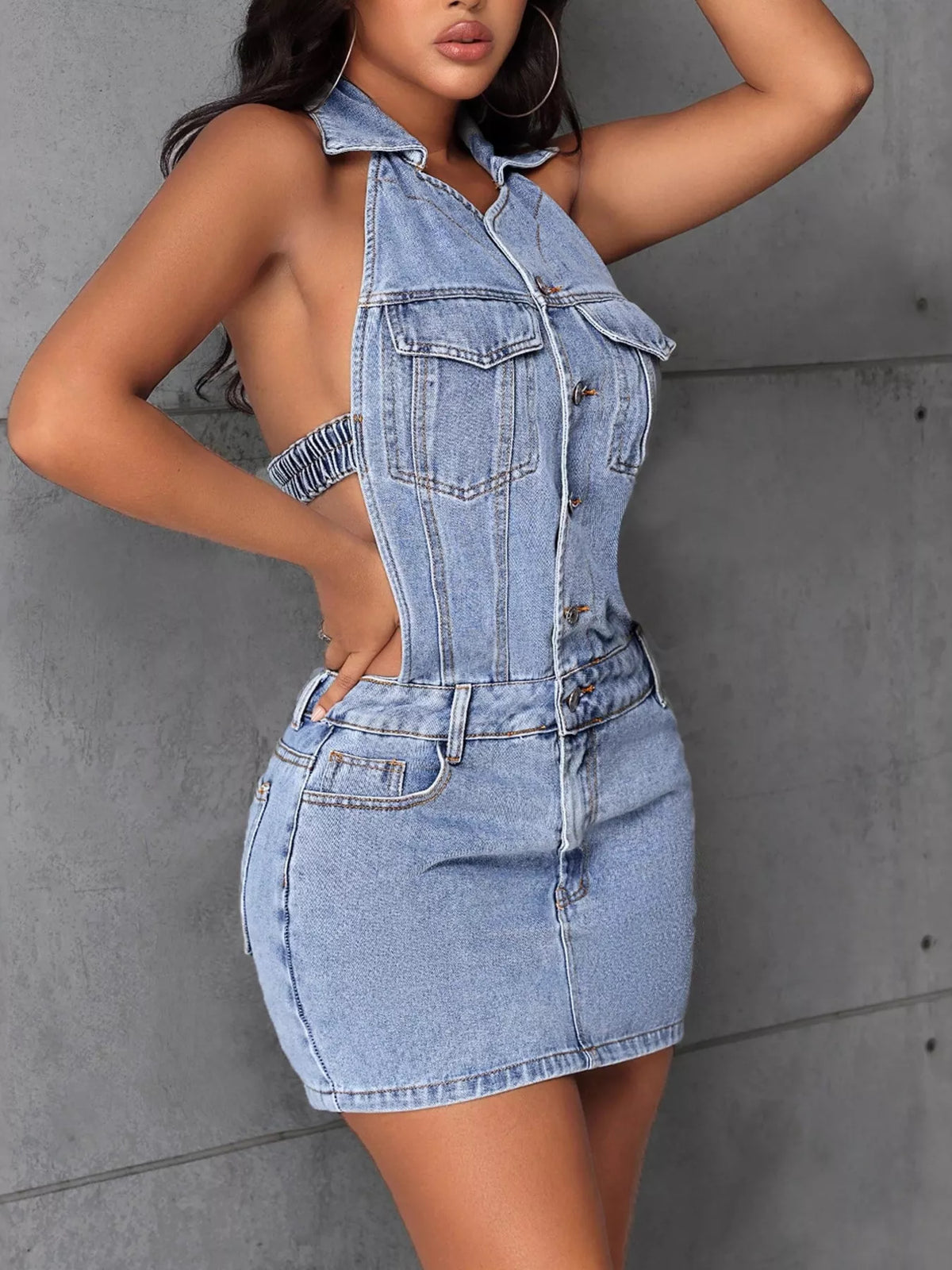 Backless Sleeveless Button Front Denim Mini Dress