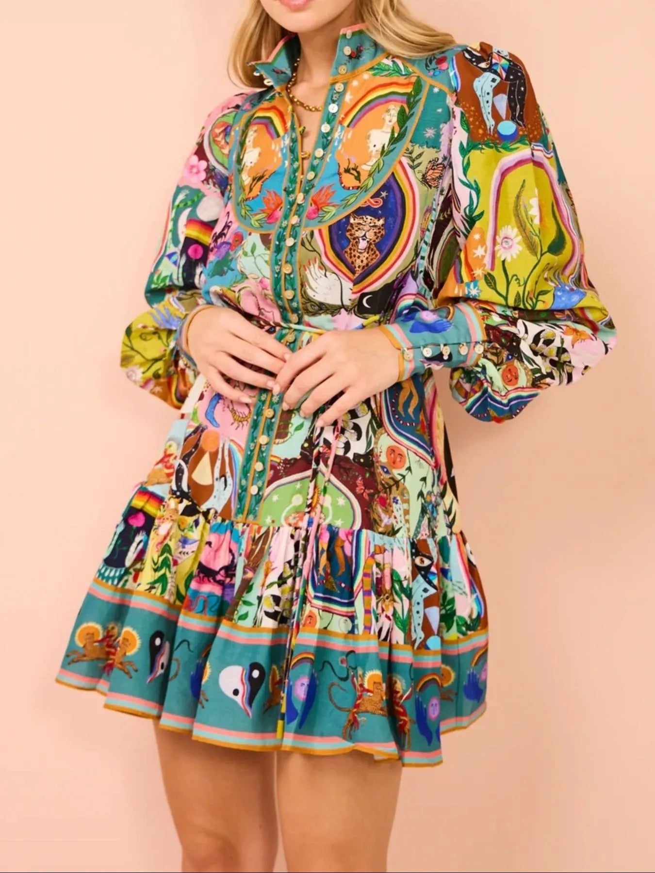 Printed Long Sleeve Mini Dress with Belt