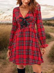 Plaid V-Neck Tie Front Mini Dress