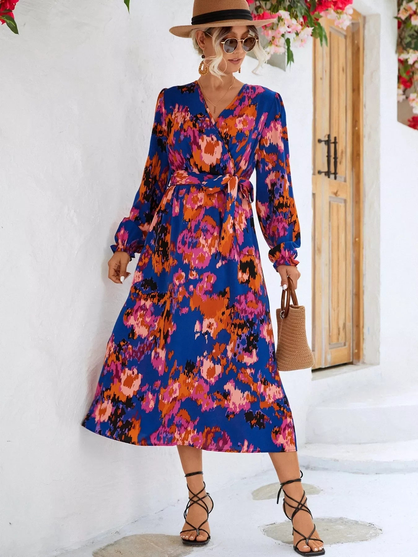 Printed Surplice Long Sleeve Midi Dress