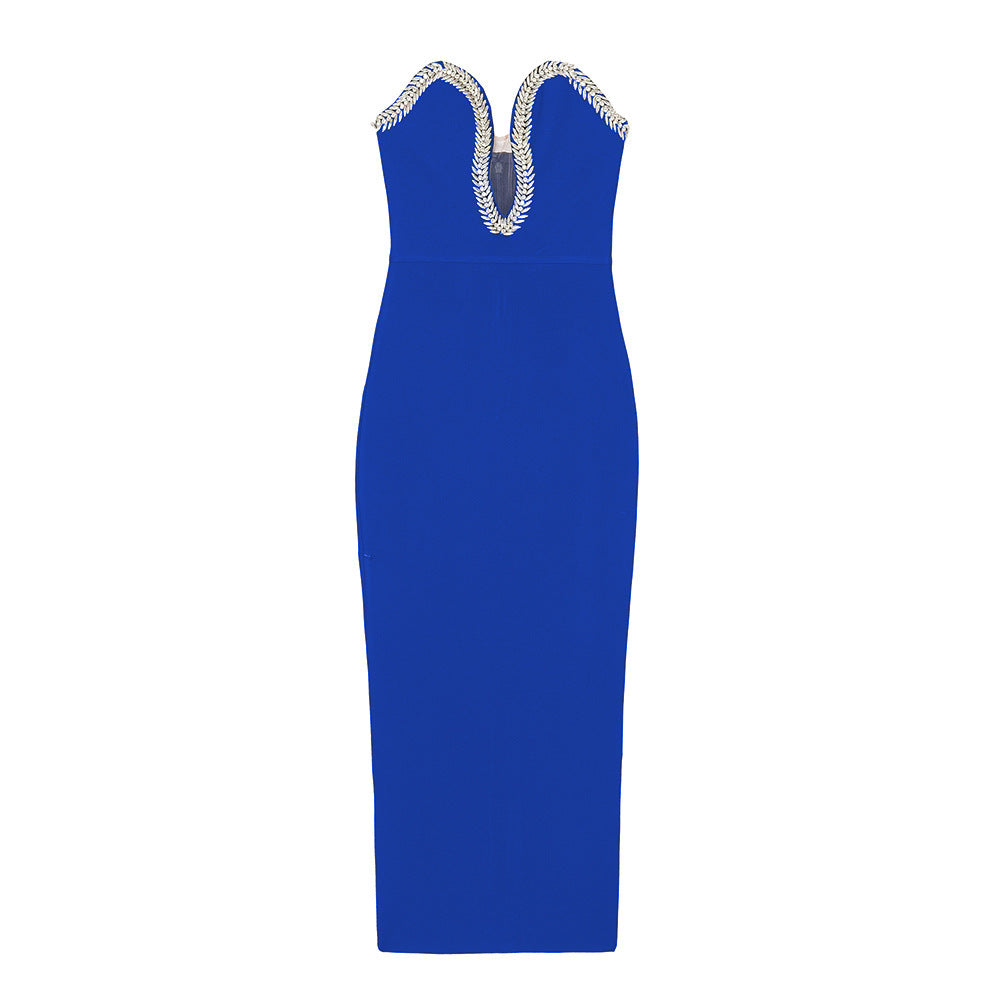 Chic Strapless V-Neck Midi Party Wear