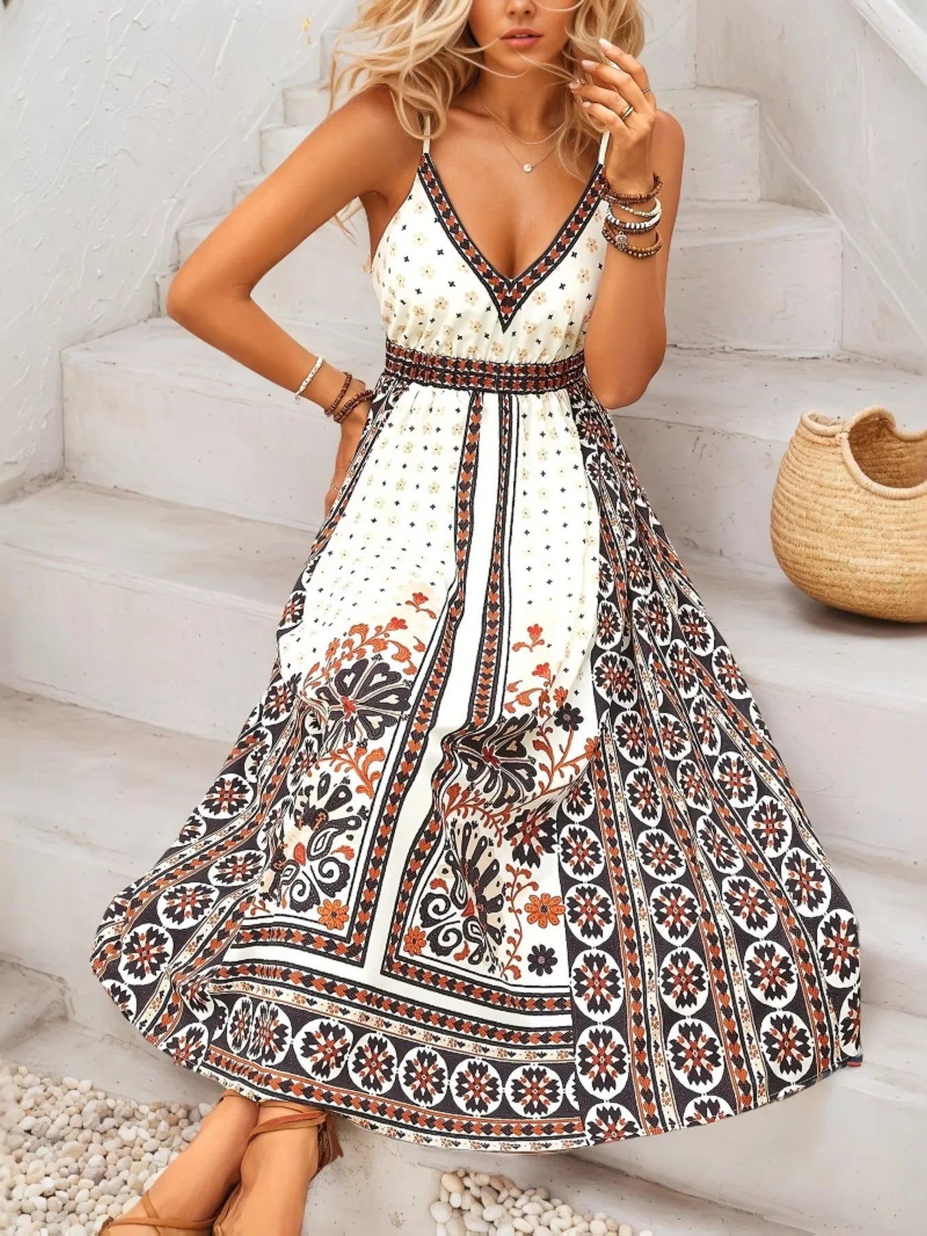 Printed V-Neck Midi Cami Dress