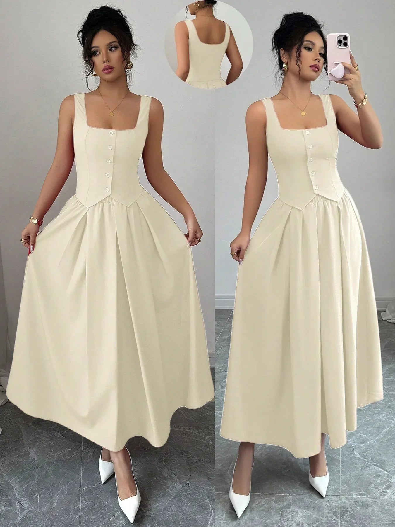 Square Neck Wide Strap Midi Dress