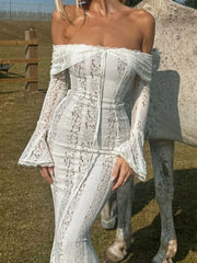 Lace Off-Shoulder Flounce Sleeve Maxi Dress