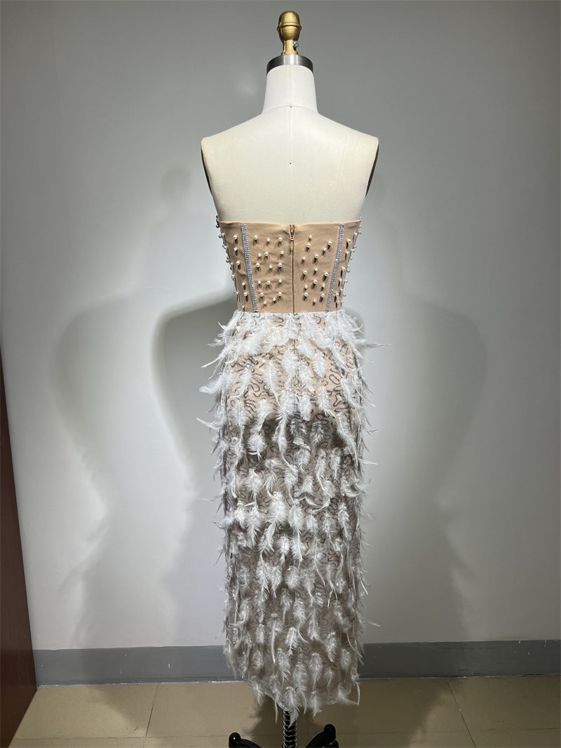 Elegant Rhinestone Beaded Fur Dresses