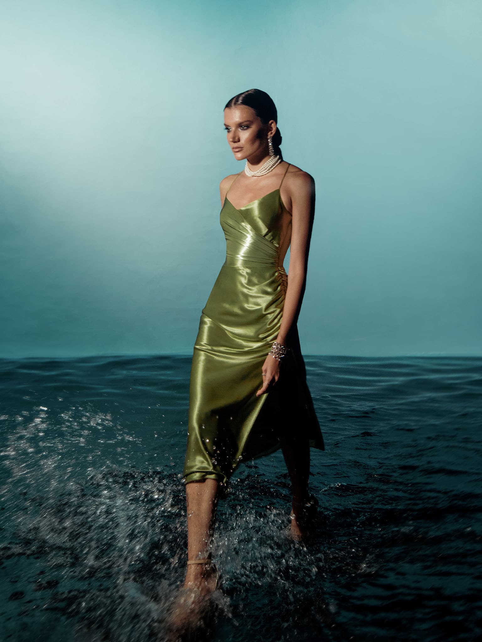 Satin V-neck Side Gathered Dress-Green