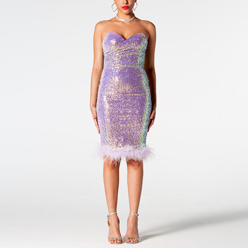 Elegant Sequin Strapless Feather Dress