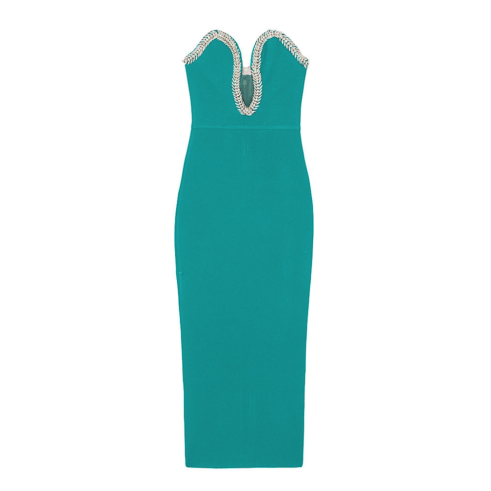 Chic Strapless V-Neck Midi Party Wear