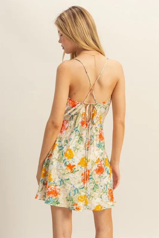 HYFVE Floral Cowl Neck Flirty Satin Mini Dress