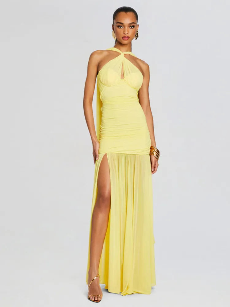 Maliya Halter Mesh Slit Maxi Dress