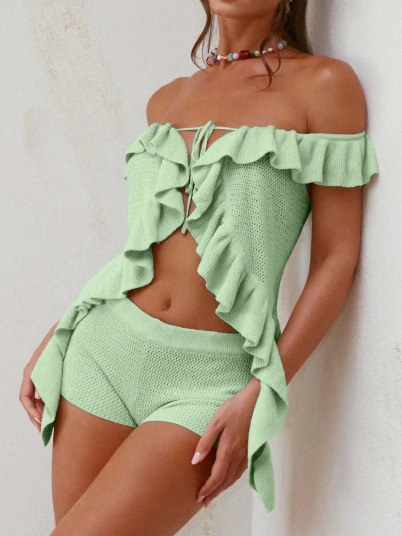 Off-Shoulder Ruffle Top and Shorts Sweater Set