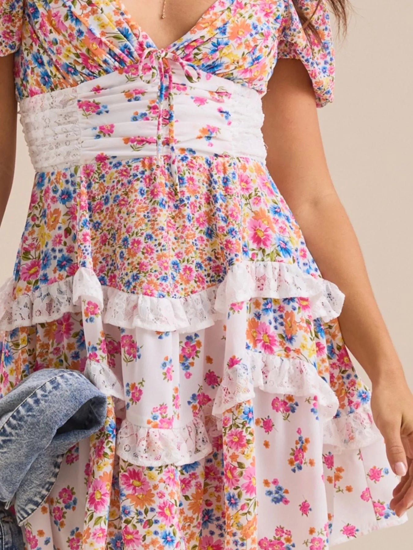 Floral Puff Sleeve Tiered Mini Dress