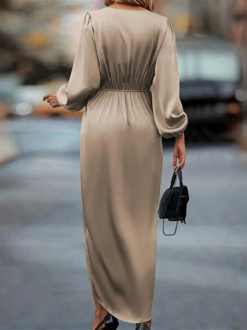 High-Low Surplice Balloon Sleeve Midi Dress