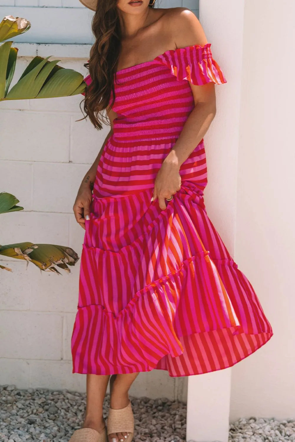 Stripe Flutter Sleeve Smocked Bodice Tiered Maxi Dress