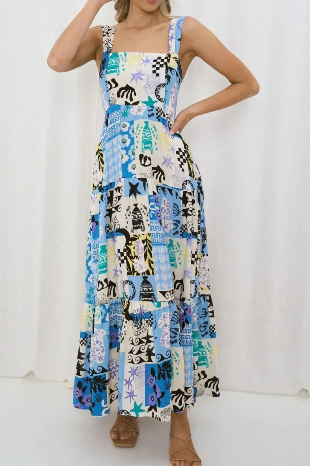 Printed Square Neck Wide Strap Maxi Dress