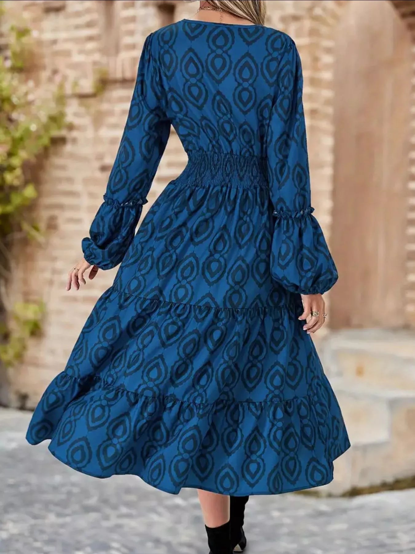 Smocked Round Neck Balloon Sleeve Midi Dress