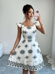 Printed Ruffled Cap Sleeve Dress