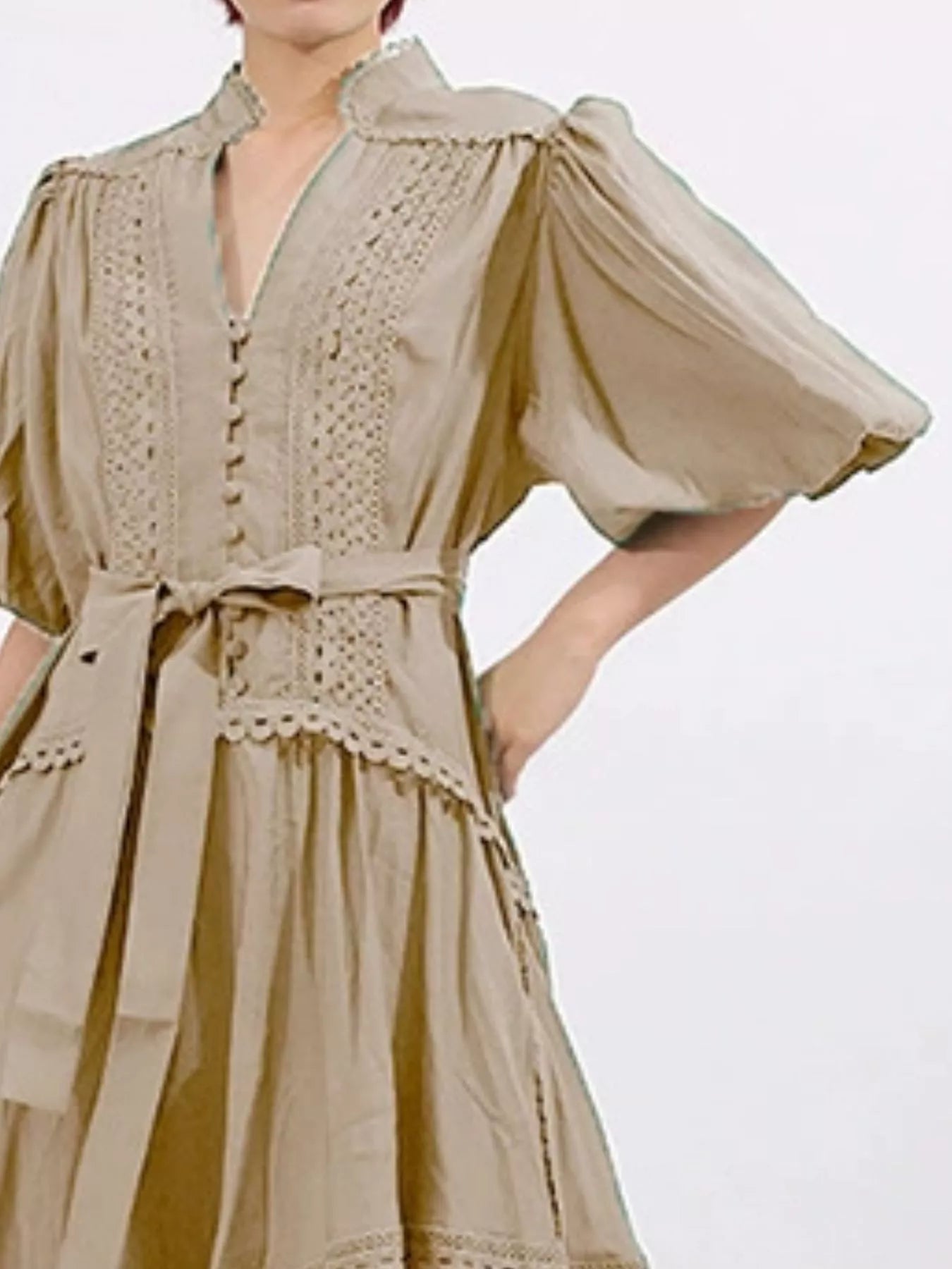 Lace Detail Notched Puff Sleeve Maxi Dress