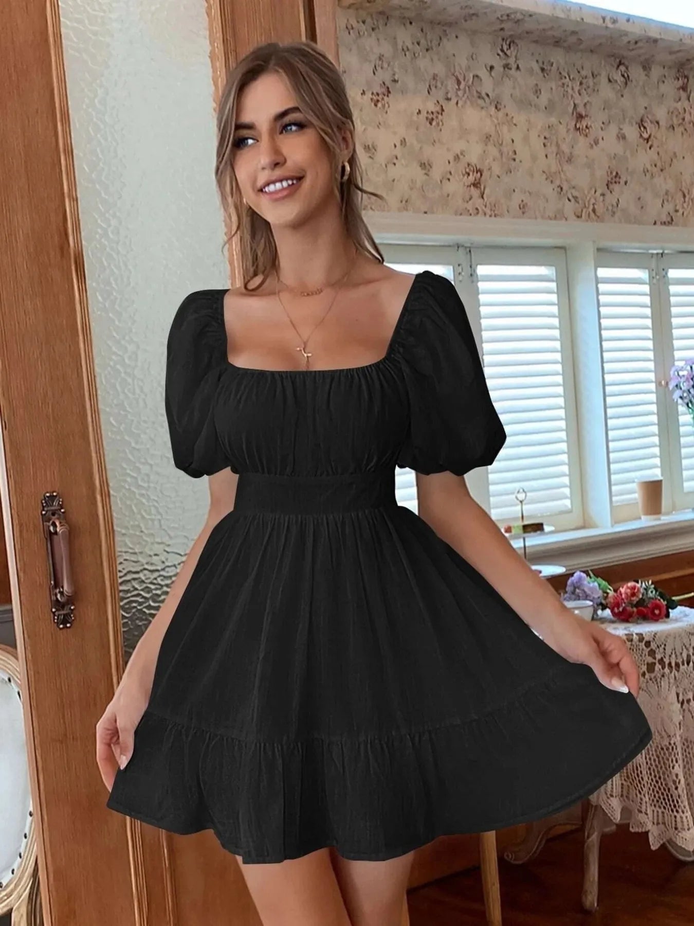 Square Neck Puff Sleeve Mini Dress