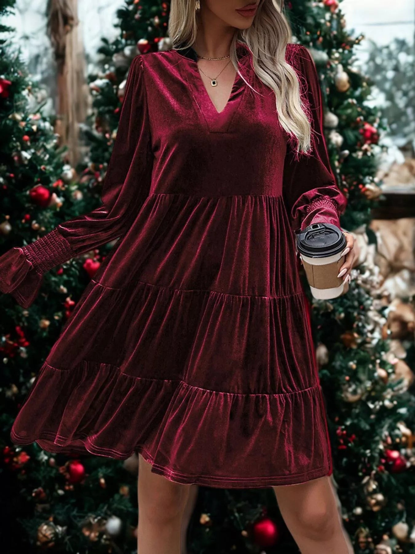 Velvet Tiered Notched Mini Dress