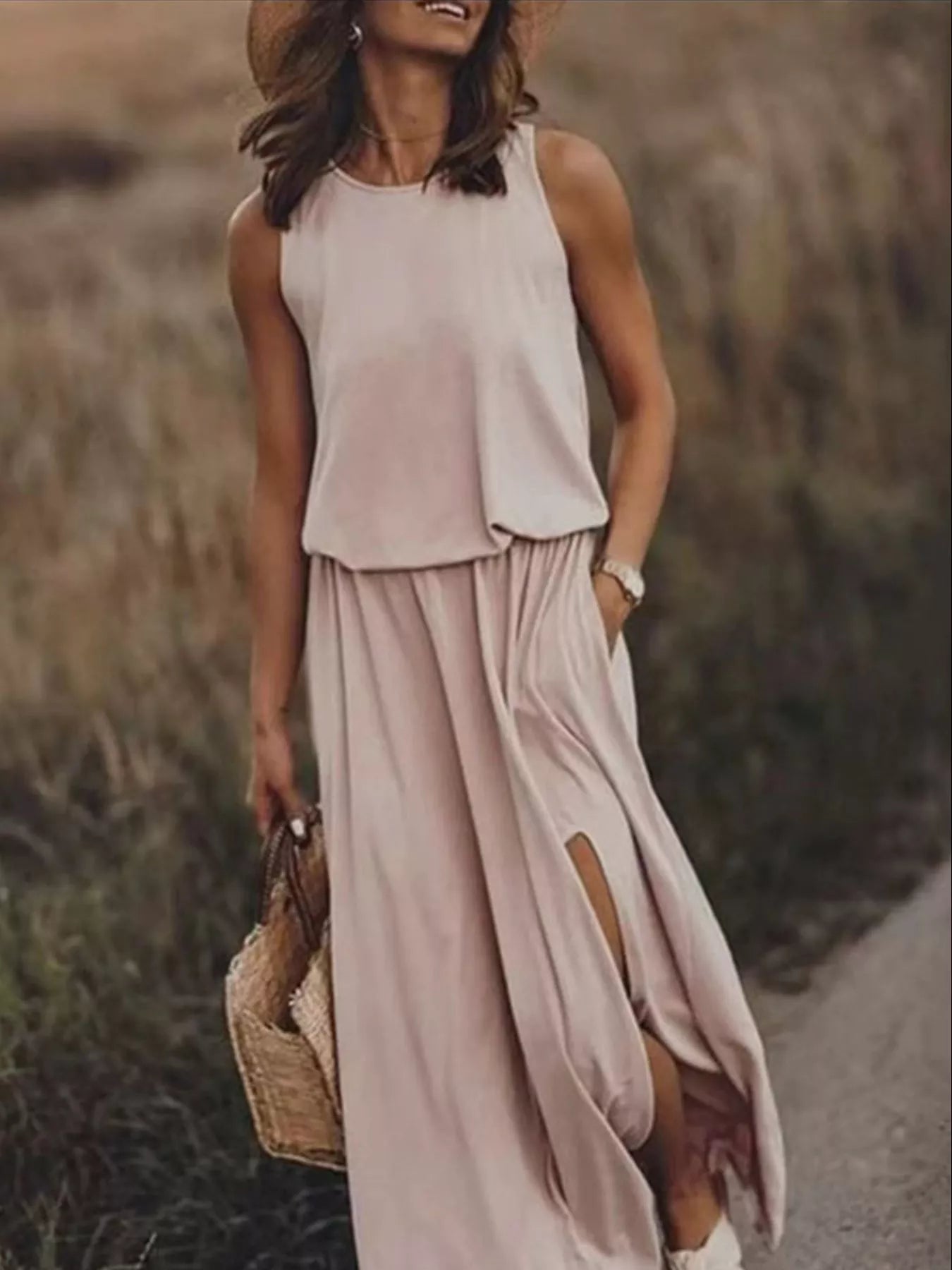 Round Neck Sleeveless Slit Maxi Dress