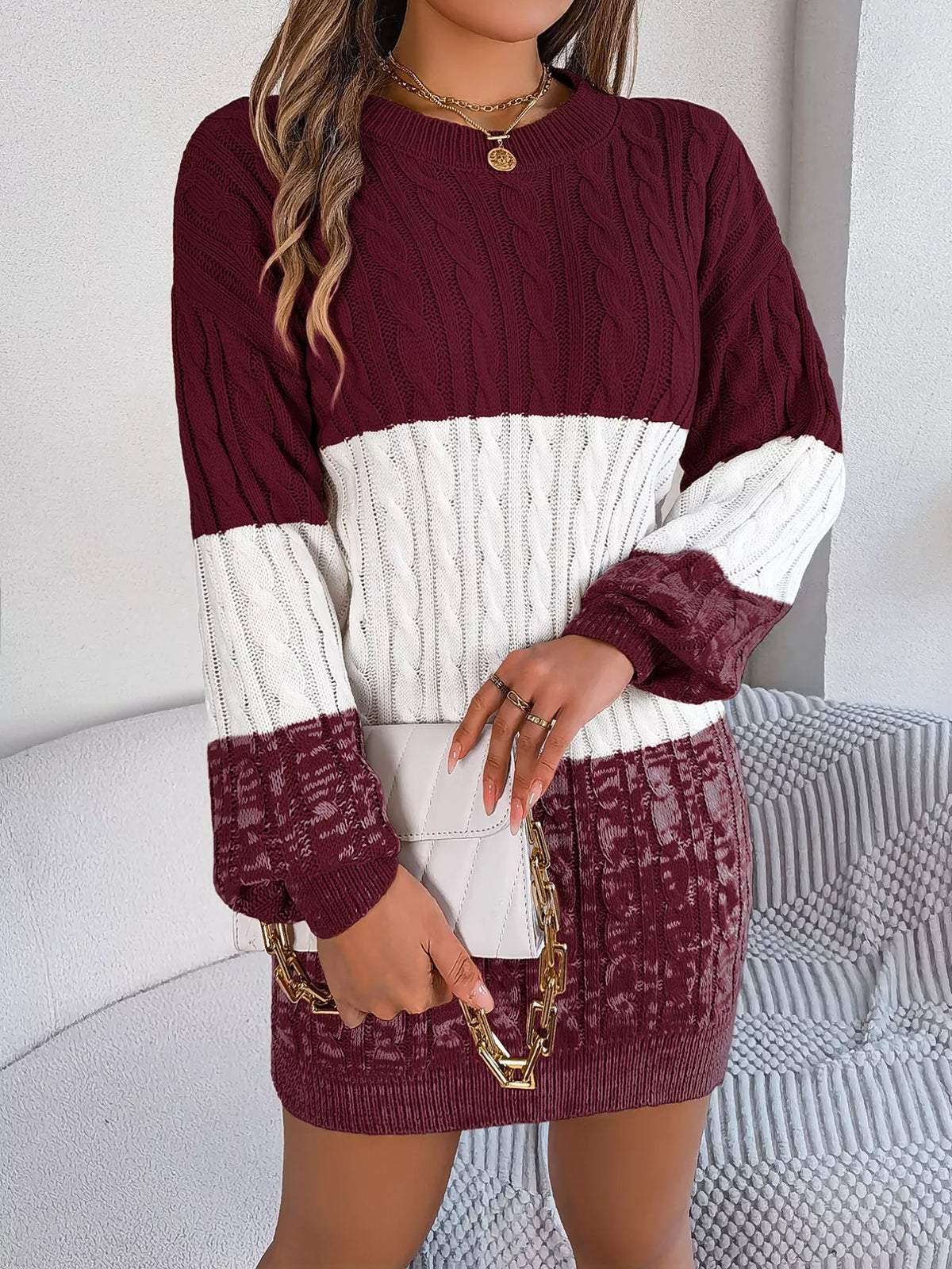 Color Block Cable Knit Sweater Dress with Textured Pattern