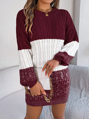 Color Block Cable Knit Sweater Dress with Textured Pattern