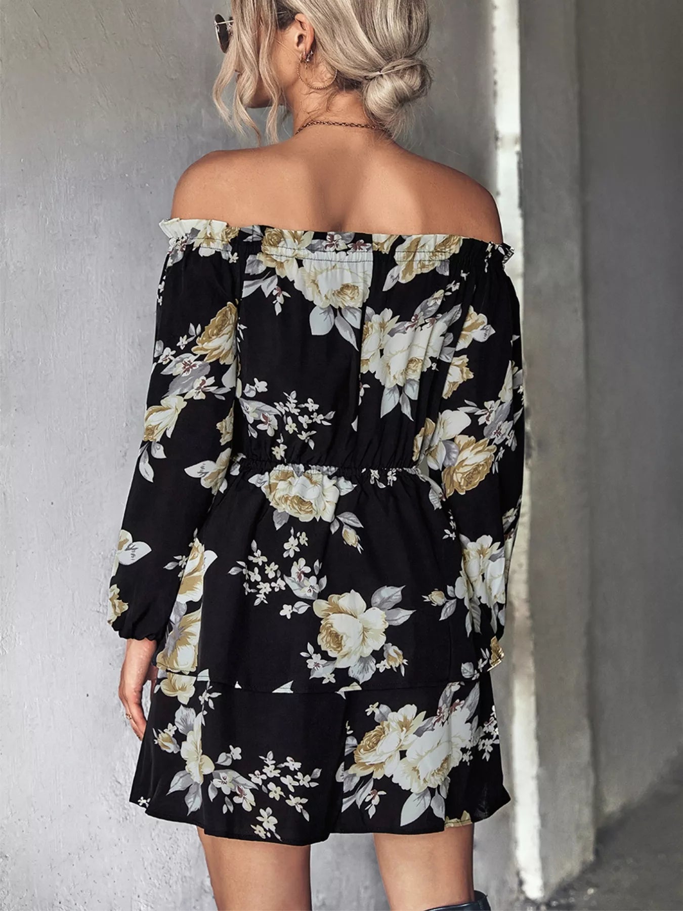 Off-Shoulder Floral Print Long Sleeve Mini Dress