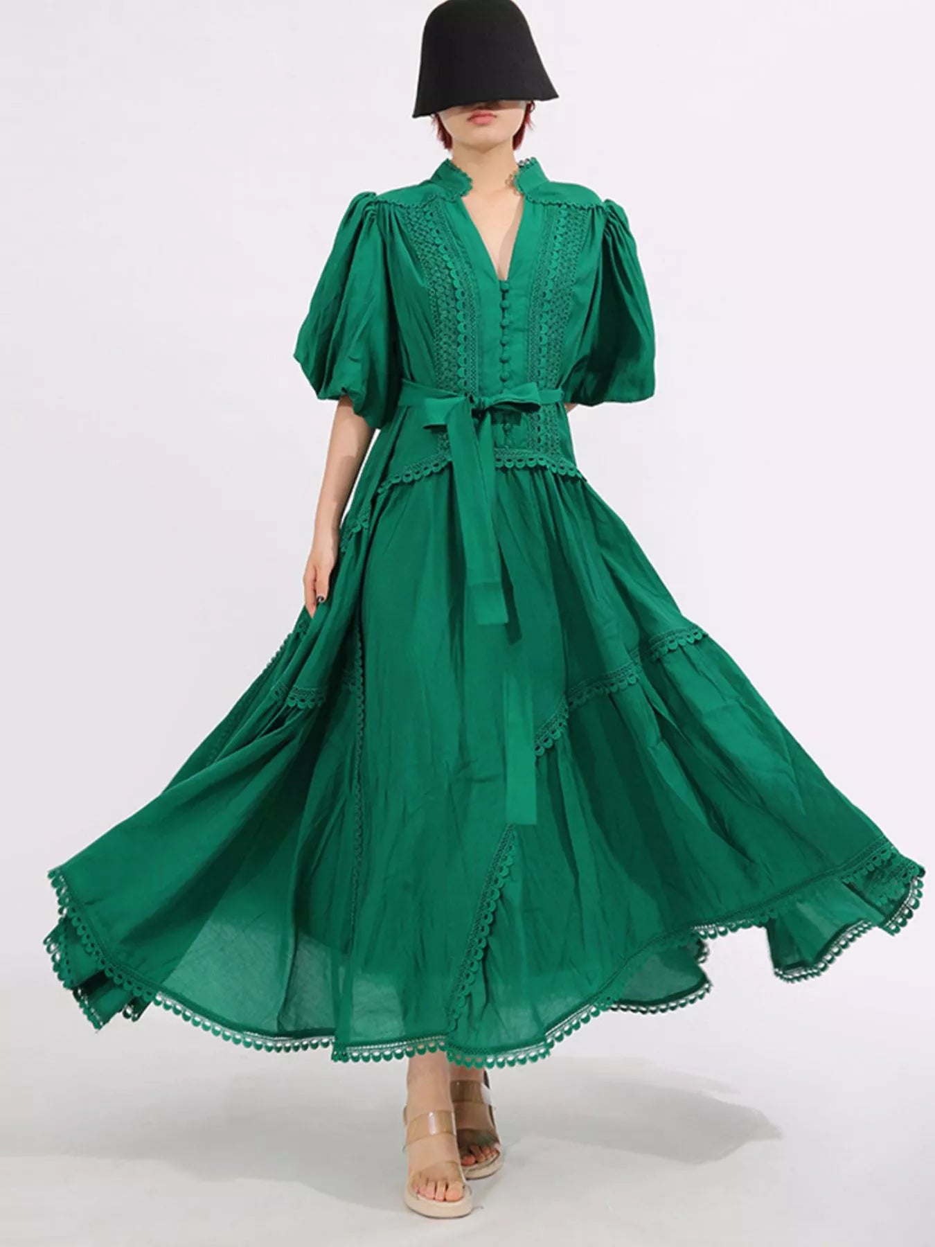 Lace Detail Notched Puff Sleeve Maxi Dress