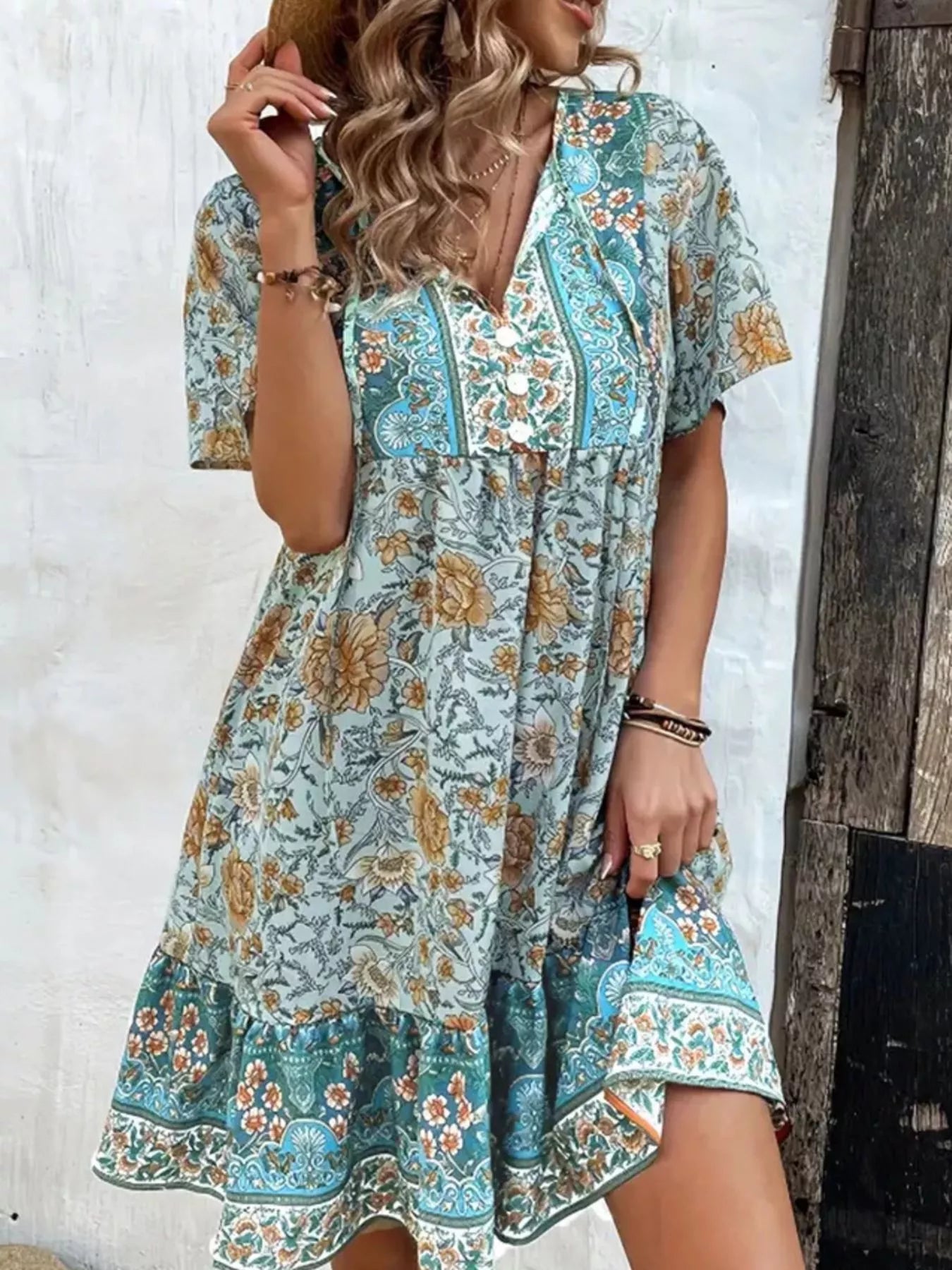 Printed Tie Neck Short Sleeve Mini Dress