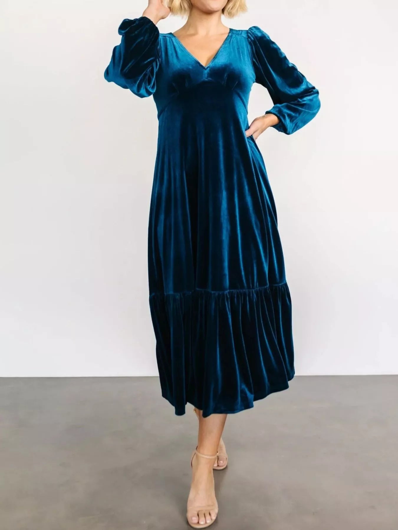 Velvet Tiered Long Sleeve Midi Dress
