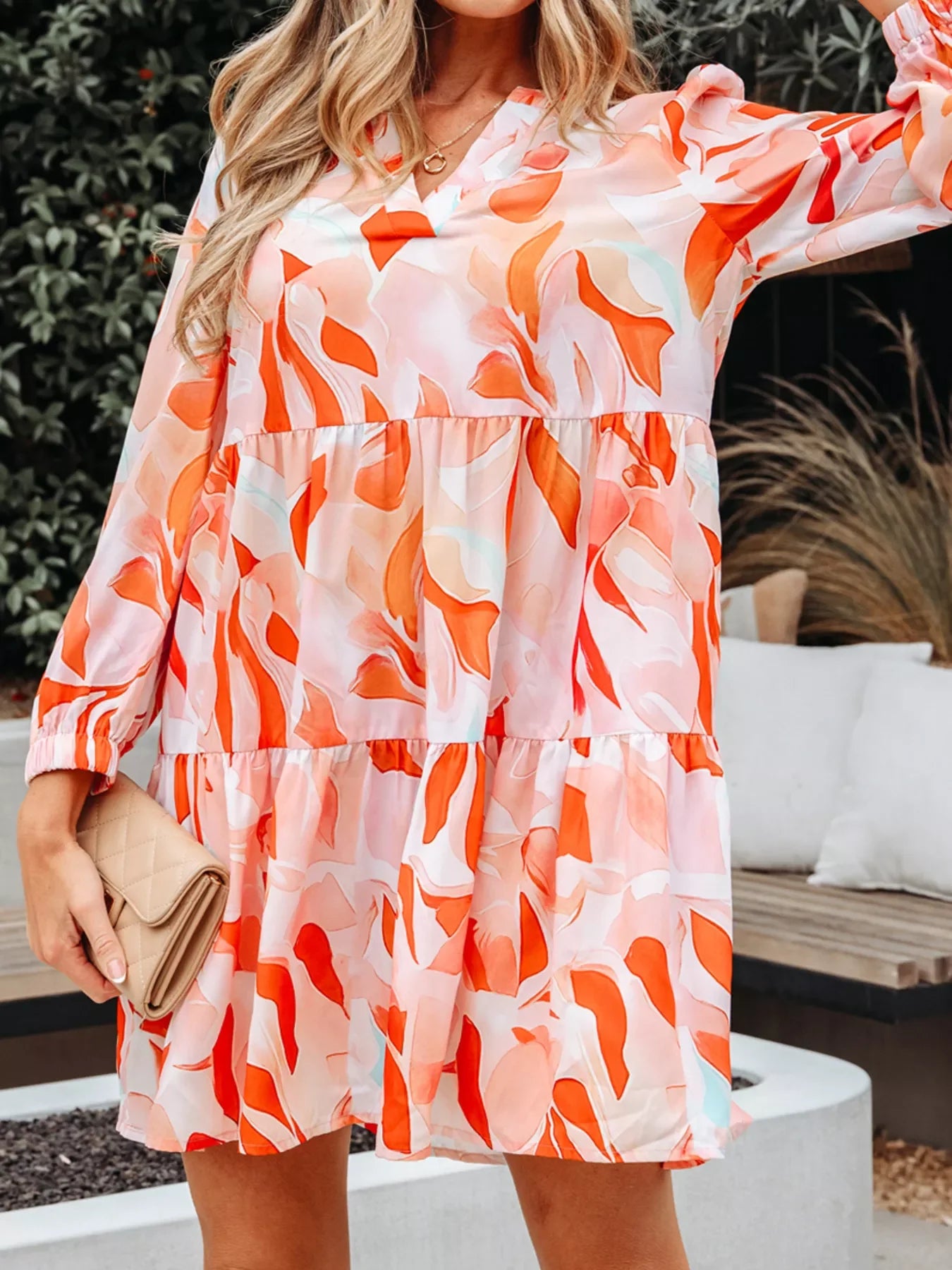 Abstract Print Long Sleeve Tiered Mini Dress