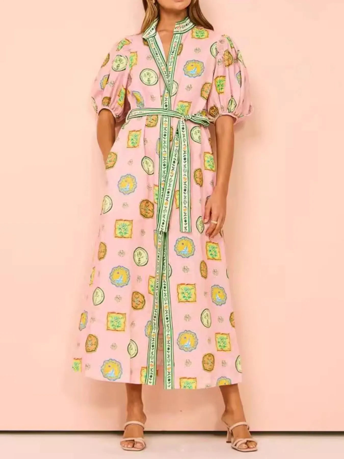 Printed Puff Sleeve Midi Shirt Dress