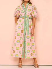Printed Puff Sleeve Midi Shirt Dress