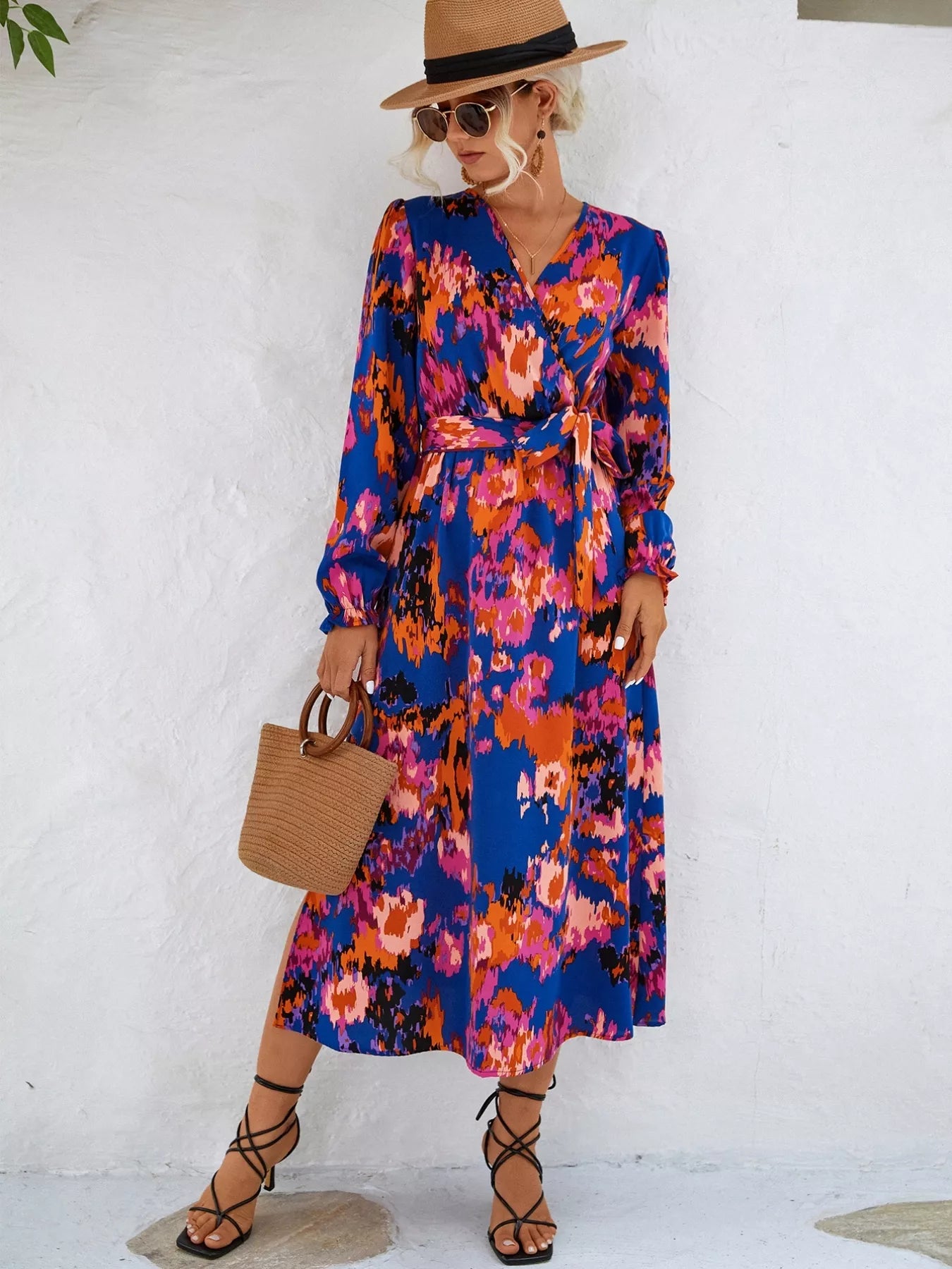 Printed Surplice Long Sleeve Midi Dress