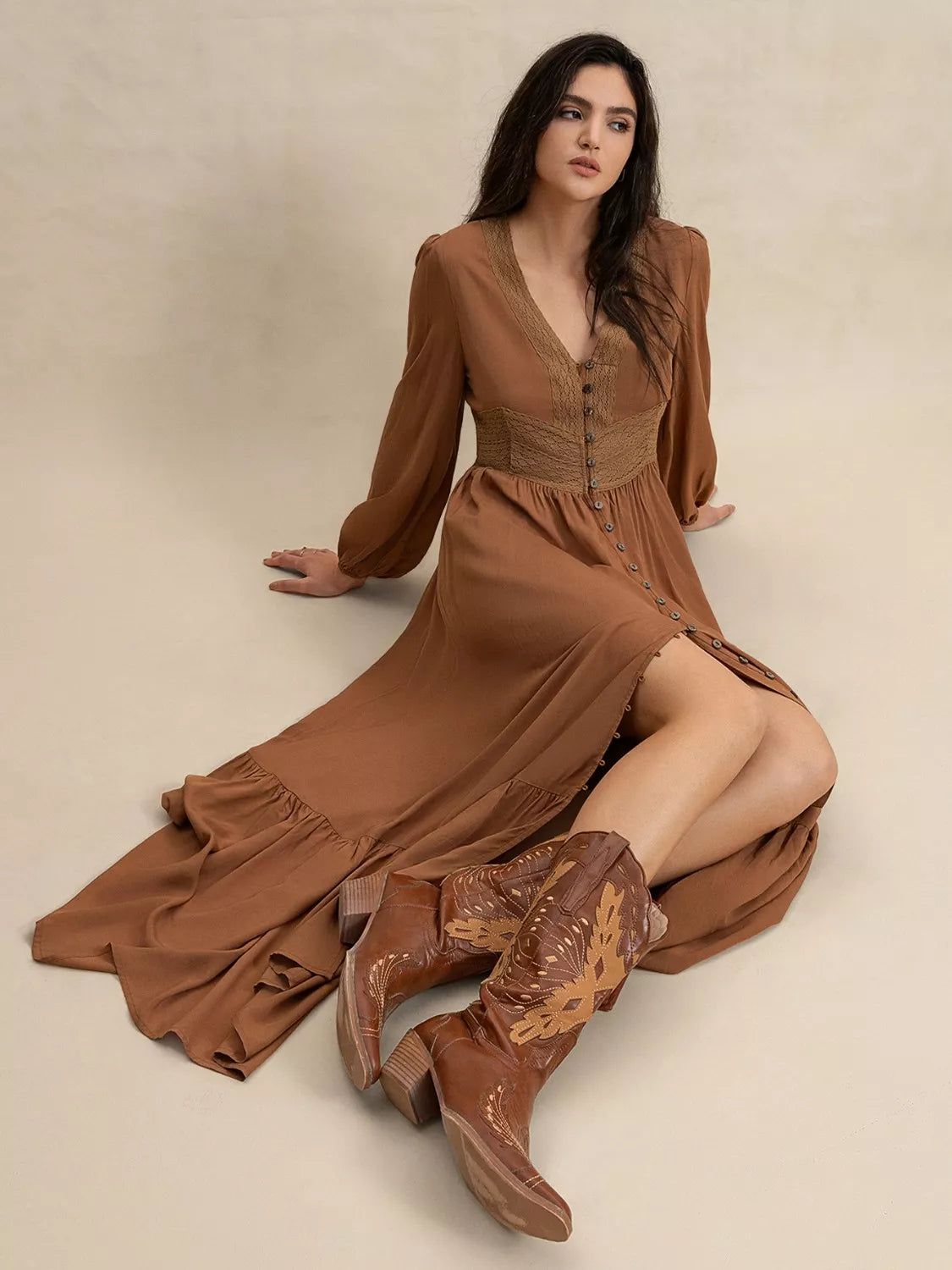 Long Sleeve Button-Front Maxi Dress