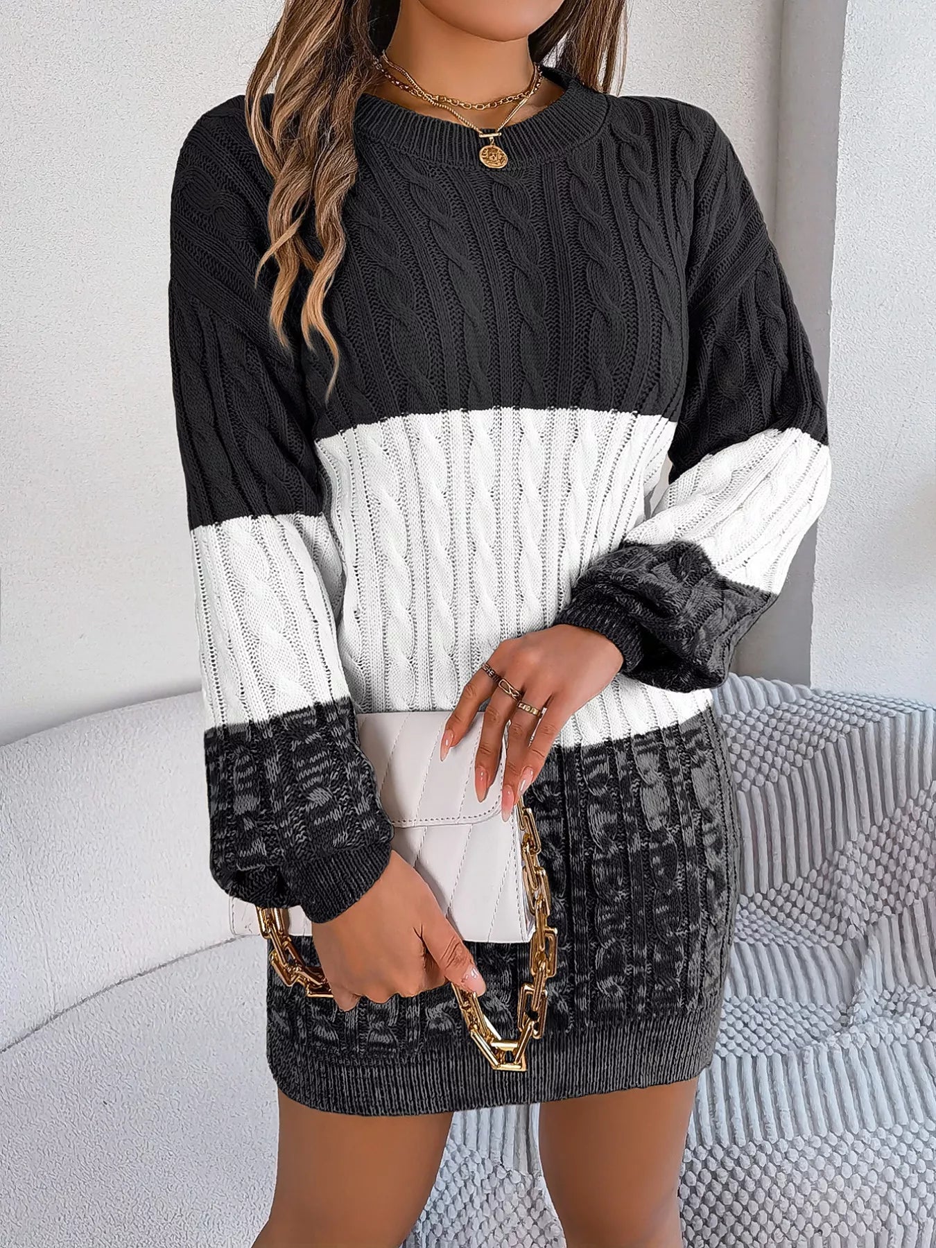 Color Block Cable Knit Sweater Dress with Textured Pattern