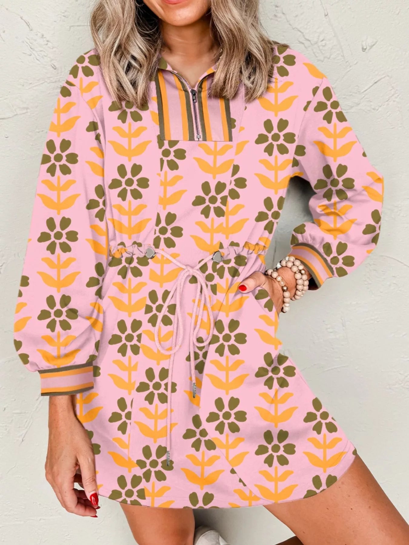 Printed Drawstring Waist Mini Dress