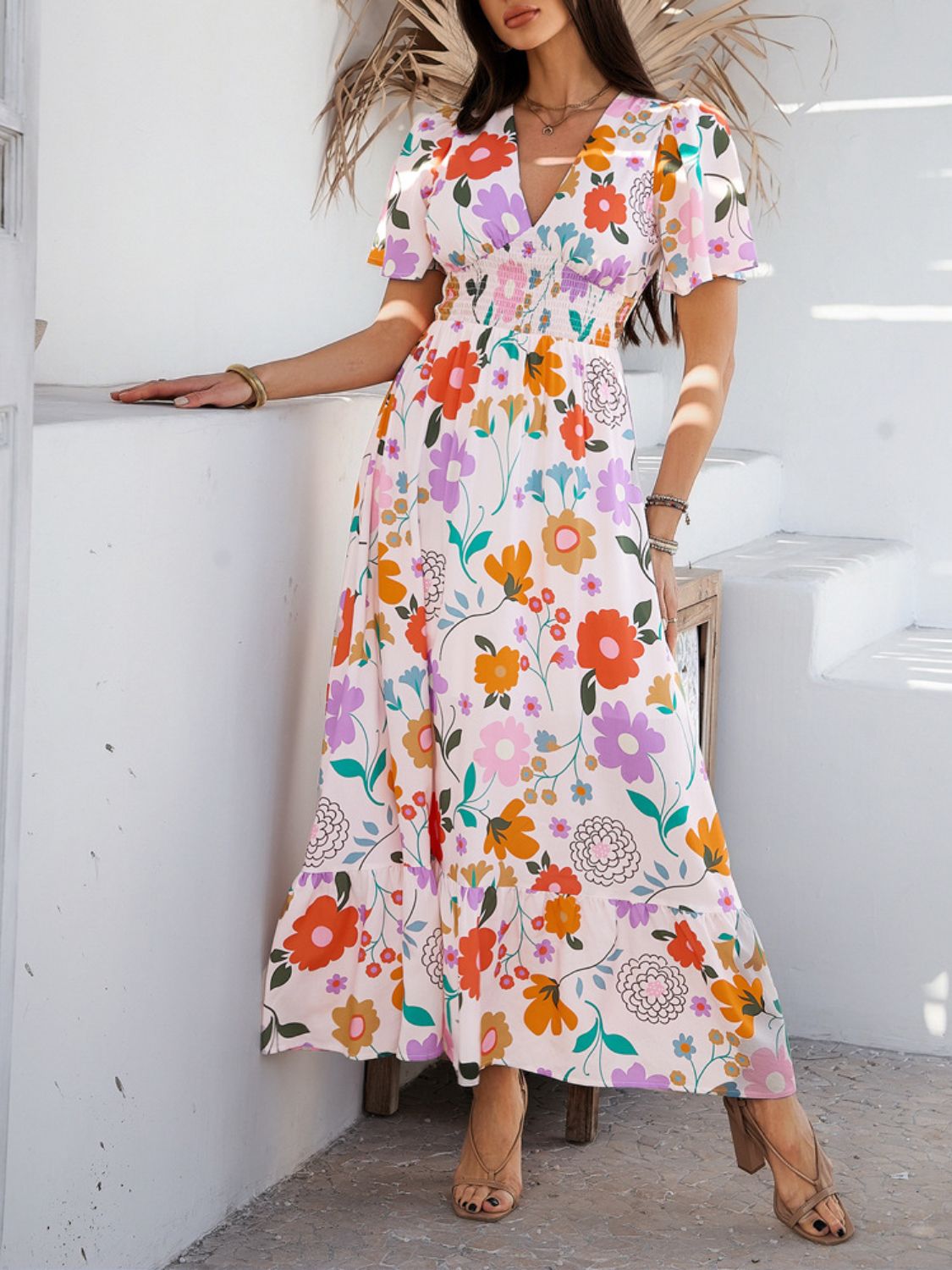 Devine Smocked Printed V-Neck Short Sleeve Maxi Dress