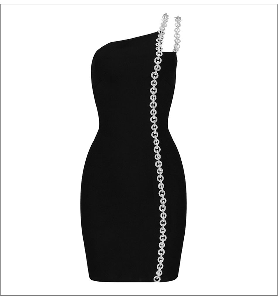 One-Shoulder Long Chain Mini Dress