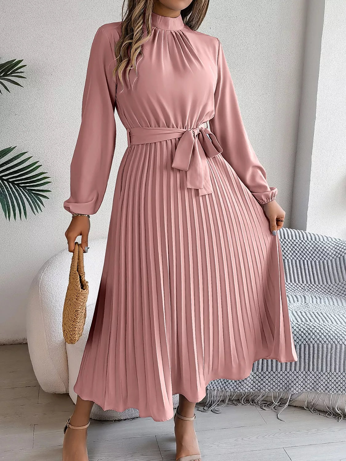 Mock Neck Pleated Midi Dress